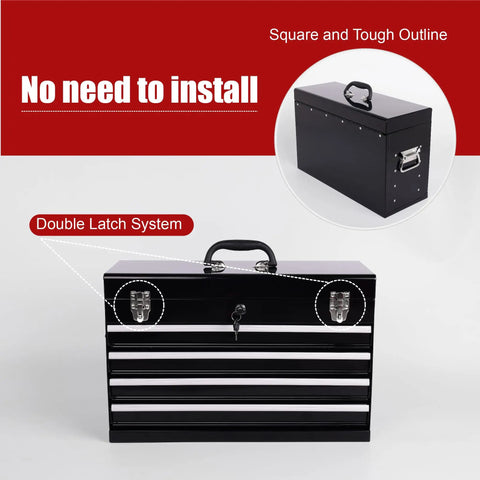 Heavy Duty 21 Inch Freestanding Tool Chest With Auto Locking Ball Bearing Slides Hella Spacious Utility Cabinet For Rolling Workspaces Solid Carry Handle And Secure Lock System Matte Black Finish with double latch system and side view.