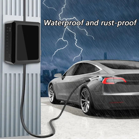 Heavy Duty Outdoor Electric Vehicle Charging Station Floor Stand with EV charger in rain, showcasing galvanized steel and weatherproof design.