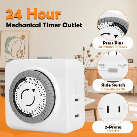 24 Hour Mechanical Outlet Timer With 30 Minute Intervals For Indoor Lights And Fans Daily Automatic Switch No Sweat Programming Plug In Time Switch For Holiday Decor 2 Pack displayed on a table with details highlighted.