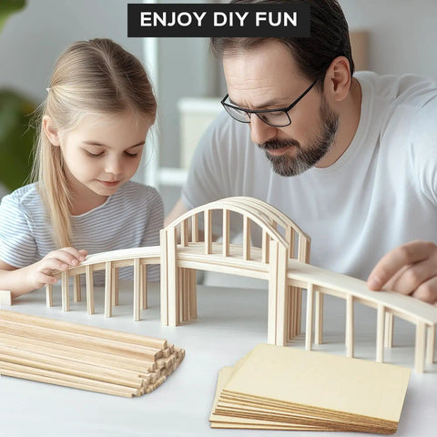 Father and daughter building with Unfinished Balsa Wood Sheets And Dowel Rods Craft Kit Handy Easy To Cut Basswood Strips.