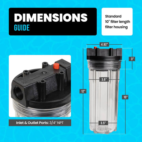 Grab This Cold Plunge Water Filter System With A Rugged Ten Inch Housing And Dual Fifty Micron Sediment Scaler For Crisp Ice Baths And Rust Free Whole Home Hydration Vibes, showing dimensions and features.