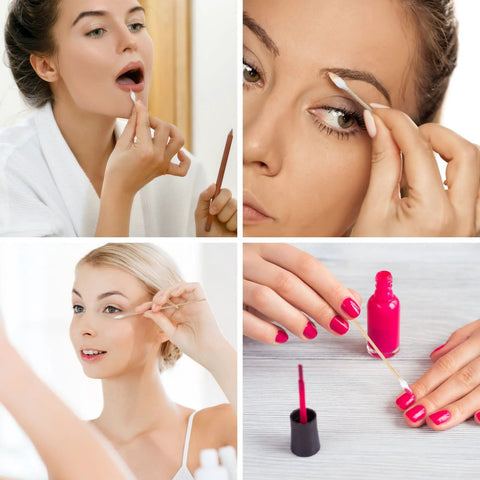 Cotton swabs on six-inch bamboo sticks used for makeup; collage shows lip, brow and eye makeup and pink nail polish.