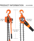 Side view of Three Quarter Ton Manual Lever Hoist Come Along With 1650Lbs Capacity, Two Hooks, Ten Feet Chain, Heavy Duty Orange Lifting Tool