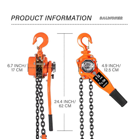 Side view of Three Quarter Ton Manual Lever Hoist Come Along With 1650Lbs Capacity, Two Hooks, Ten Feet Chain, Heavy Duty Orange Lifting Tool
