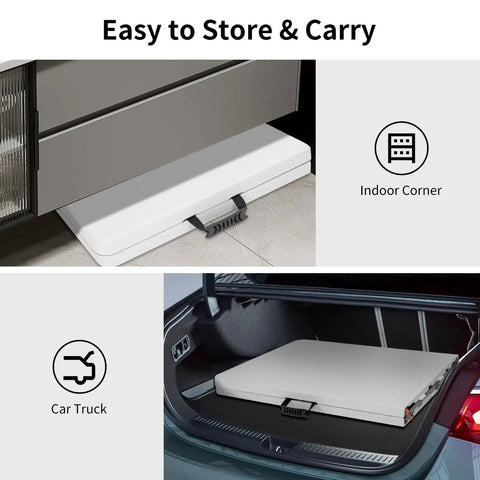 Folded Six Foot Folding Camping Table With 350 Lb Capacity Portable Outdoor Picnic Desk stored easily under cabinet and in car trunk.