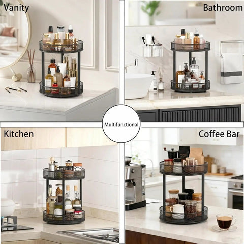 Two Pack Two Tier Lazy Susan Organizer Smooth Rotating Metal Turntable Total Win For Kitchen Pantry Spice Rack Bathroom Vanity And Deep Cabinet Storage, displayed in kitchens, bathrooms, and coffee bars.