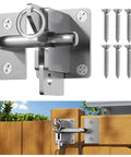Tough As Nails Gravity Self Locking Fence Gate Latch Heavy Duty Silver Stainless Privacy Hardware on a wooden gate.