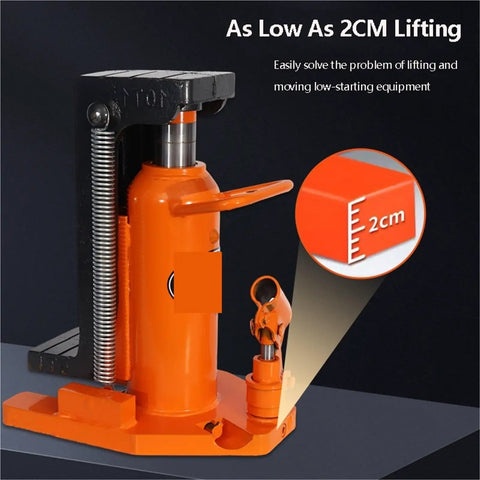 Rock Solid Hydraulic Toe Jack With Quick Dual Pump Action showing low 2cm lift capability for cars, trucks, and machinery.