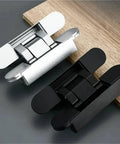 Beefy Heavy Duty Concealed Door Hinges With 180 Degree Full Sweep Adjustment And Seamless Hideaway Mounting For Solid Core Wood Doors Black Pair Built Tough shown in black and silver designs on a wooden surface.