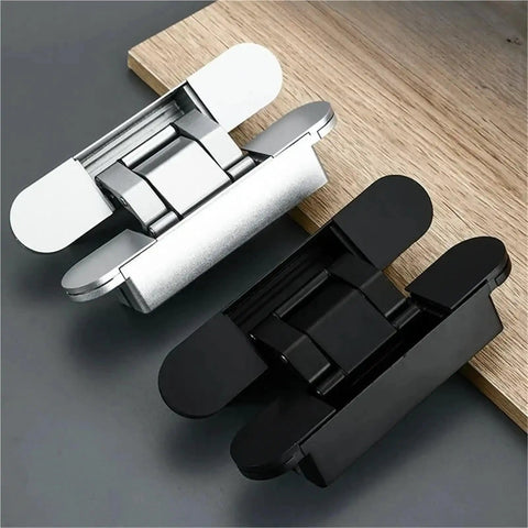 Badass Concealed Hidden Door Hinges With Rock Solid 180 Degree Adjustable Movement And A Zero Drama 80 Kilogram Load Rating For Quick Wood Door Installation In Sleek Black, showcasing black and silver hinge options.