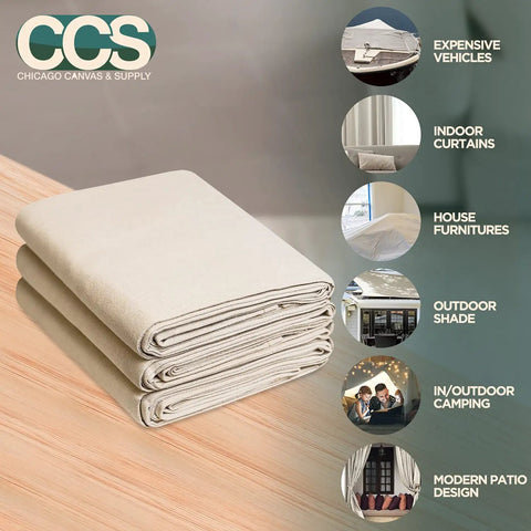 Folded Rugged Cotton Duck Drop Cloth For Painting And Protection, Washable And Reusable 8x10 Ft Canvas Tarp stacked on table