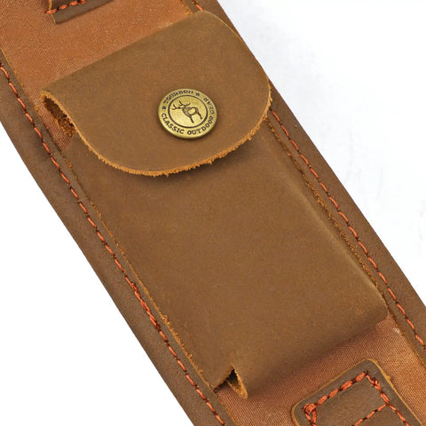 Close-up of Canvas Leather Rifle Sling With 14 Shell Slots for 22 Caliber Ammunition Storage showing brown leather detail.