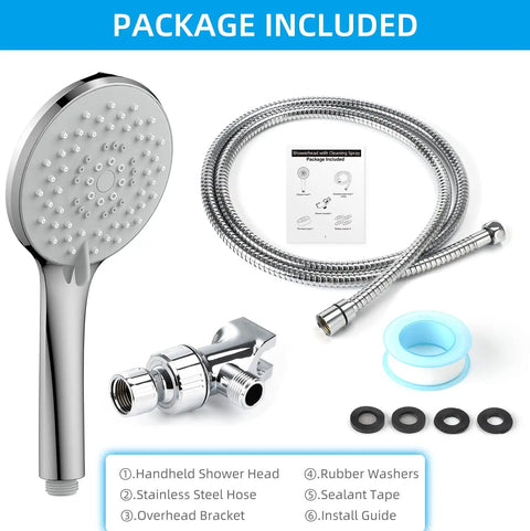 Five Function Handheld Shower Head With 70.8 Inch Stainless Steel Hose And Bracket Chrome Finish package contents