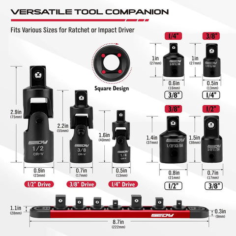 Heavy Duty Universal Joint Socket Reducer Set chart with 7-piece impact wobble U-joint and adapters, magnetic rail, CR-V steel.
