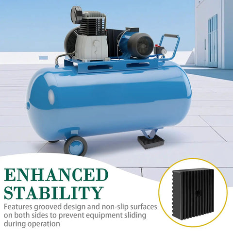 Heavy Duty Anti Vibration Rubber Pads 4 Pack Shock Absorbing Base Mounts under a blue air compressor for stability.