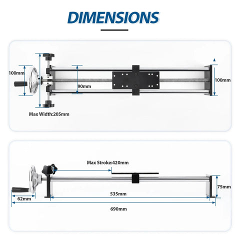 Manual Push Pull Force Test Stand With 420mm Stroke And Clamp Handwheel Controlled Spiral Mechanism For Precise Force Output Compact 5Kg Steel Frame 500N Capacity Great For Lab Or Workshop Testing dimensions diagram with 690mm length and 420mm stroke