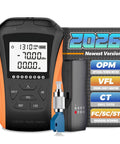 Heavy Duty Optical Power Meter With Visual Fault Locator And Fiber Cable Tester For Dead Easy Loss Checks And No Sweat Signal Analysis On Fc Sc St Connectors, displaying clear readings and various connectors.