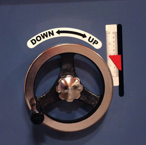 Close-up of control wheel with up and down arrows on 5HP Single Phase Woodworking Router Table With Cast Iron Surface Precision Ground Table