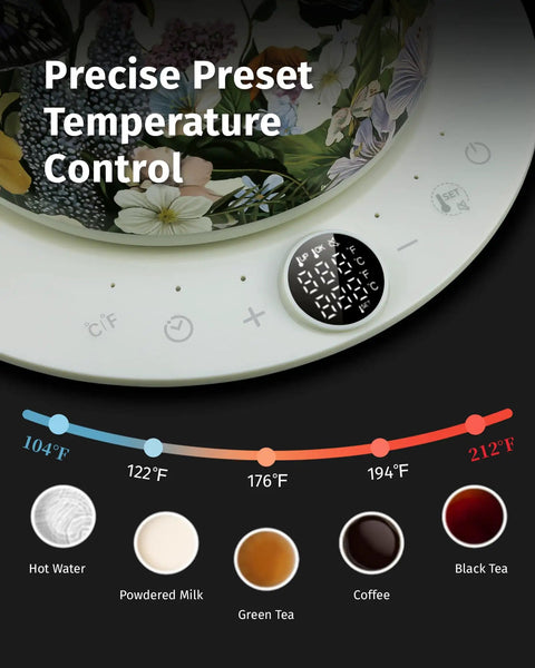 Temperature control display and floral design on 0.8L Gooseneck Electric Kettle With Precise Temperature Control For Pour Over Coffee And Tea.