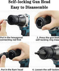 Instructions for disassembling the self-locking gun head of the Rock Solid Cordless Automatic Rivet Gun Kit.
