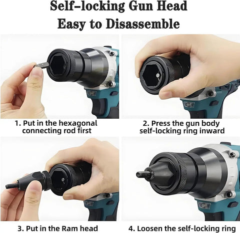 Instructions for disassembling the self-locking gun head of the Rock Solid Cordless Automatic Rivet Gun Kit.