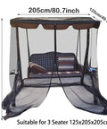 Bug Free Patio Swing Mosquito Netting With Zipper Door And Waterproof Roof For Outdoor Porch Swing 3 Seater shown with dimensions
