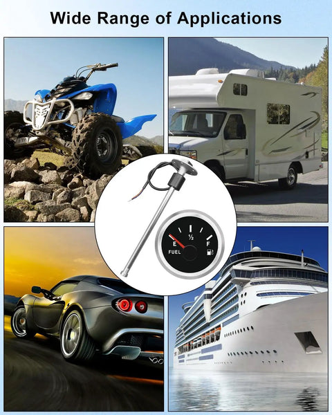 Top Shelf Marine Fuel Level Sending Unit And 2 Inch Diameter Fuel Gauge Kit Featuring 240-33 Ohm Output Rating For Boat And Trailer Tanks With 15 Inch Sender Arm for ATV, RV, car, and boat.