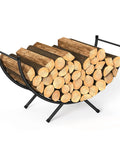 Beefy Heavy Duty Curved Firewood Rack 33 Inch Steel Log Holder for indoor and outdoor fireplaces, black, stacked with wood logs.
