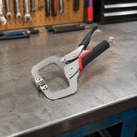 Heavy Duty Locking Clamp Plier 14 Inch With Adjustable Screw For A Beefy Non Slip Grip And Precise Holding Built For Repeated Repairs Home Improvements And Workshop Projects Delivering Fast Reliable Lockdown Power, steel plier on workbench