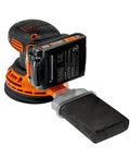 Cordless Orbital Sander With 12,000 OPM For Fast Material Removal, rear view showing battery and dust bag attachment.