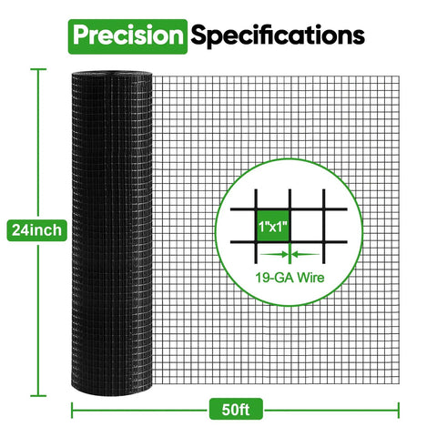 Vinyl Coated Hardware Cloth Roll 24 Inch By 50 Foot 19 Gauge Welded Steel Wire Mesh 1 Inch Squares, roll showing dimensions
