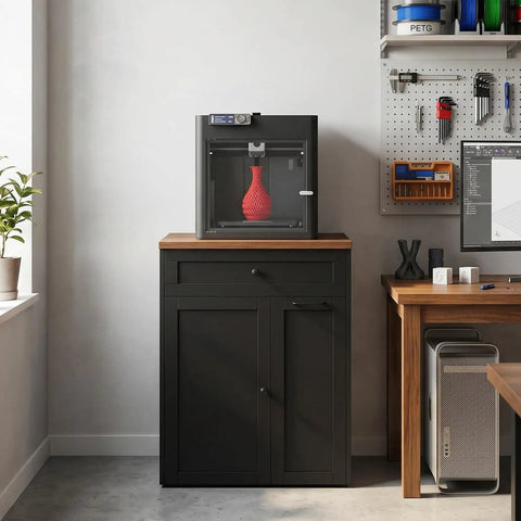 All In One 3D Printer Cabinet With Slick Rolling Filament Storage Drawer For Large Printers And Sweet Workshop Setup with a black frame.
