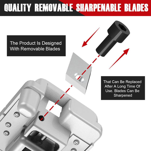 Deburring tool for PVC pipe with removable blades and replaceable blade cartridge; supports six sizes from 1¼–4 in