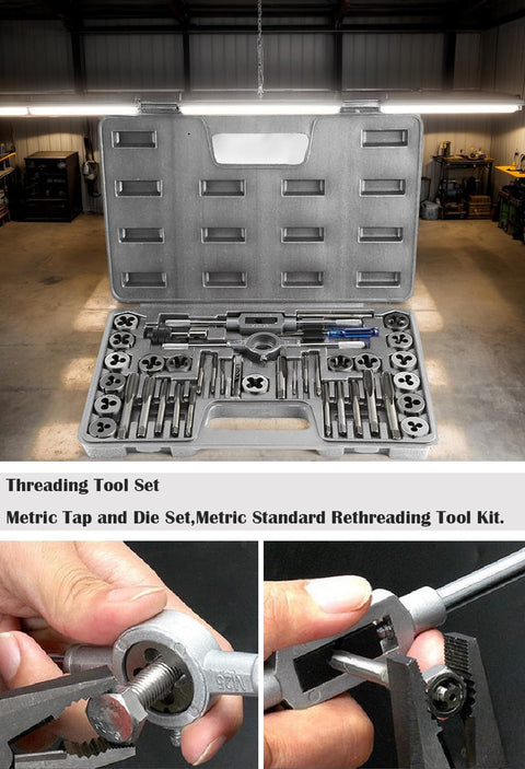 Open storage case displaying Tap And Die Set With Storage Case For Quick Threading And Rethreading Internal And External Threads Metric And SAE M3 To M12 40 Piece Pro Grade Tool Kit For Easy Repairs And Removing Broken Screws.