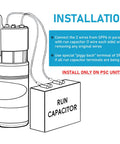Installation diagram for Rock Solid Beefed Up Hard Start Capacitor Boosts Compressor Torque By Five Hundred Percent To Kickstart Seized AC Motors And Rescue Struggling RV Refrigerators Today.