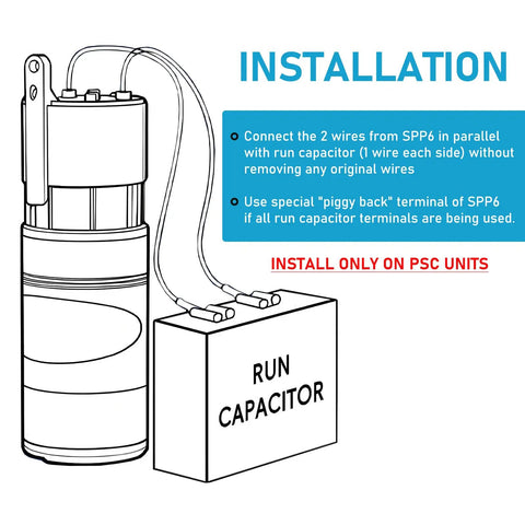 Installation diagram for Rock Solid Beefed Up Hard Start Capacitor Boosts Compressor Torque By Five Hundred Percent To Kickstart Seized AC Motors And Rescue Struggling RV Refrigerators Today.