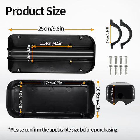 Dimensions of Electric Bike Controller Box Case Extra Large Size Protective Case with screws, clips, and measurements
