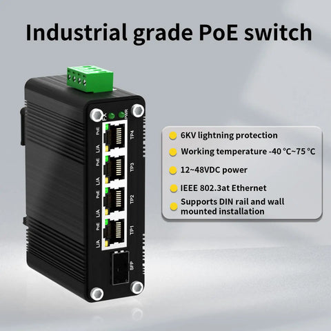4-Port Gigabit PoE Plus Switch With SFP, 120W Total PoE Budget, 12-48VDC Wide Input, industrial design, DIN rail mount