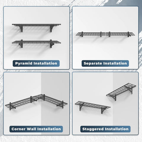 Two Pack Wall Mounted Garage Shelving Delivers Bulletproof 700 Lb Heavy Duty Capacity While Keeping Your Premium Power Gear Stacked Tight Without Any Hassle installation options including pyramid and corner designs.