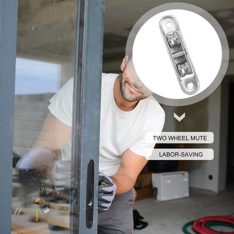 Heavy Duty Nylon Roller Wheels With Double Bearings For Smooth Gliding Sliding Screen Doors Plus Patio Entries Quick Fix Four Pack Replacement Hardware Set in use on a sliding door.