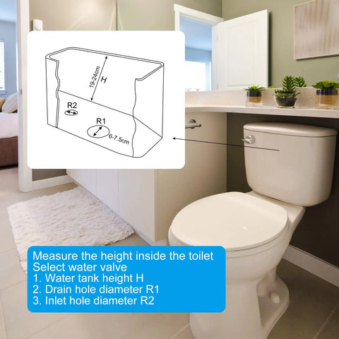 Diagram for measuring toilet valve dimensions next to a toilet, related to Premium Dual Flush Valve With Split Push Button For Toilet Bottom Fill Valve Water Saving Replacement Parts 2 Inch White Slick Finish No Sweat Setup Straight Up Top Shelf Plumbing Gear.