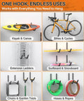 Beefy Wall Mount Kayak Storage Rack With Mega EVA Foam And Rubber Bushing For Lockdown Paddle Board And Surfboard Hangers 6 Pack, showcasing various uses for kayaks, bikes, and tools.