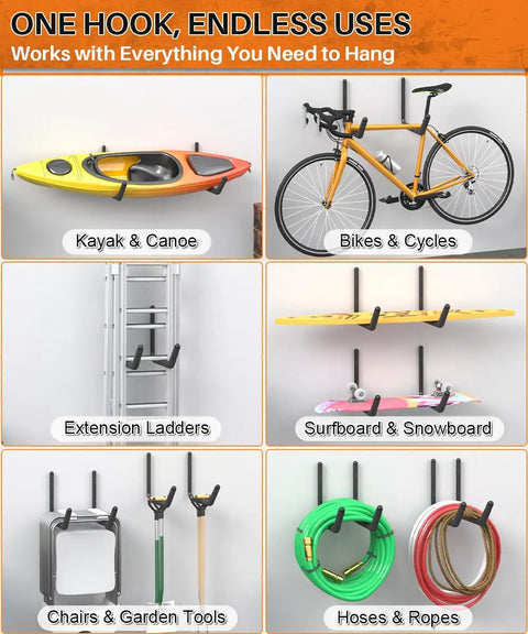 Beefy Wall Mount Kayak Storage Rack With Mega EVA Foam And Rubber Bushing For Lockdown Paddle Board And Surfboard Hangers 6 Pack, showcasing various uses for kayaks, bikes, and tools.
