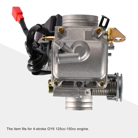 24mm PD24J Carburetor With Air Filter Intake Manifold For 4 Stroke GY6 125cc 150cc Engine, aluminum construction, side view.