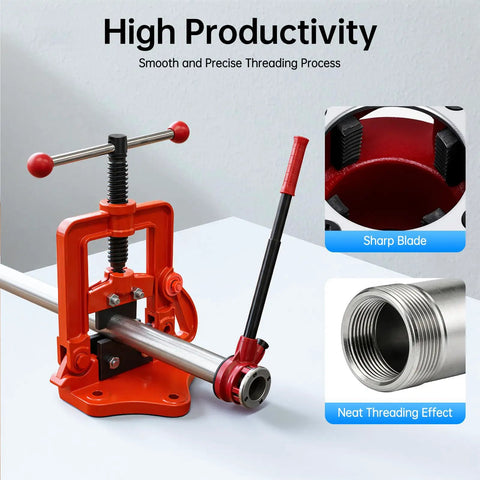 Heavy Duty Ratchet Pipe Threader Kit With Five Swappable Die Heads For Galvanized And Steel Tubing Built Damn Tough Cast Iron Design showing sharp blade and neat threading effect.