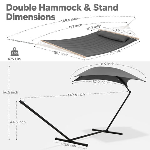 Standing Patio Hammock With Canopy And Foldable Stand, Portable And Easy Setup, Patent Pending, Dark Gray, shown with dimensions.