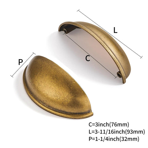 Three Inch Hole Center Antique Brass Cup Pulls Ten Pack Solid Metal for kitchens, showing dimensions and solid construction.