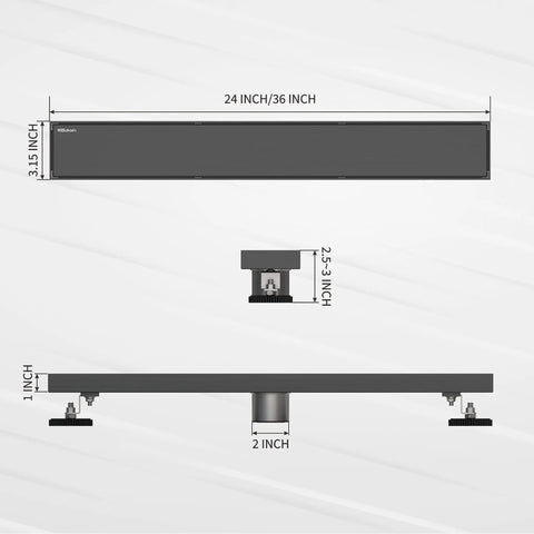36 Inch Linear Shower Drain With Tile Insert In Moris Grey Stainless Steel, adjustable feet and outlet with dimensions.
