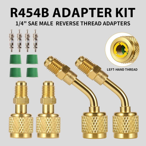 Grind Ready A2L R454B Refrigerant Adapter And Mini Split Brass Coupler Paired With Auto AC Manifold Gauge Connector 1/4 Female To Male Reverse Thread Drop Dead Easy HVAC Tool Kit image showing brass adapters and seals.