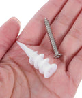 Close-up of a white plastic anchor and stainless steel screw from Drywall Anchors And Screws Kit 50 Sets Easy Install for home use.
